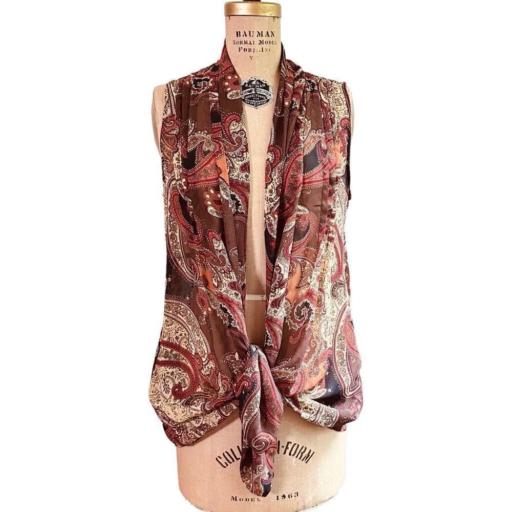 Susan Graver Sleeveless brown paisley open cardigan, cream chiffon size XS